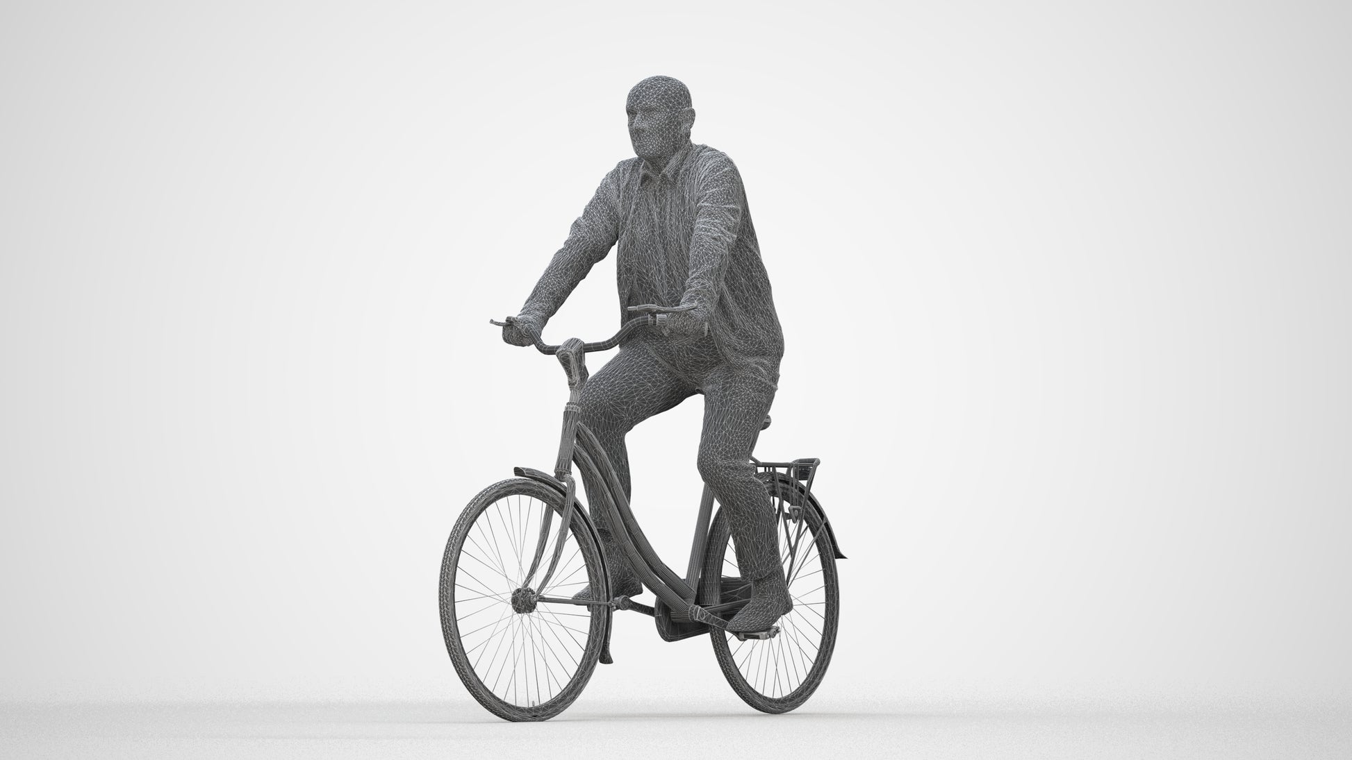 3D human model senior man business cycling, photogrammetry scanned person for archviz, wireframe back view
