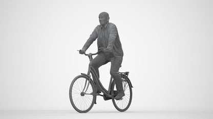 3D human model senior man business cycling, photogrammetry scanned person for archviz, wireframe back view