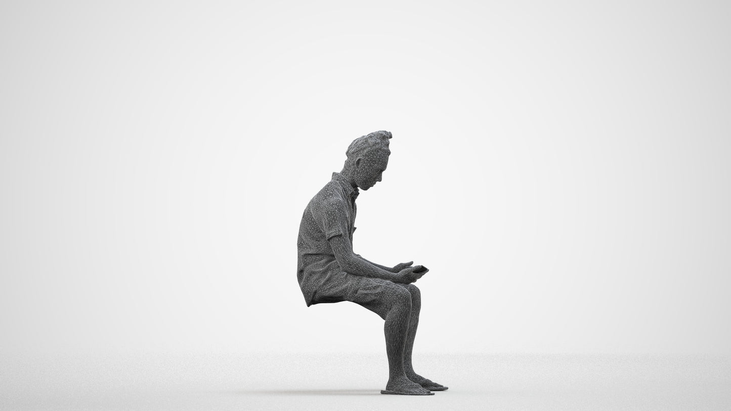 realistic 3D people man casual sitting, render-ready for V-Ray and Corona, FBX OBJ, wireframe side view