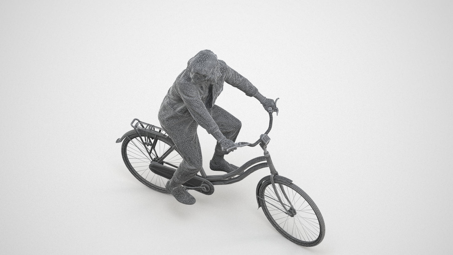 photogrammetry 3D man casual cycling, realistic human model archviz FBX, wireframe three-quarter view