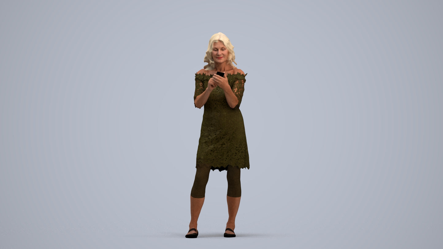 realistic 3D senior woman casual standing, scanned archviz people for Blender and 3ds Max, standing pose render