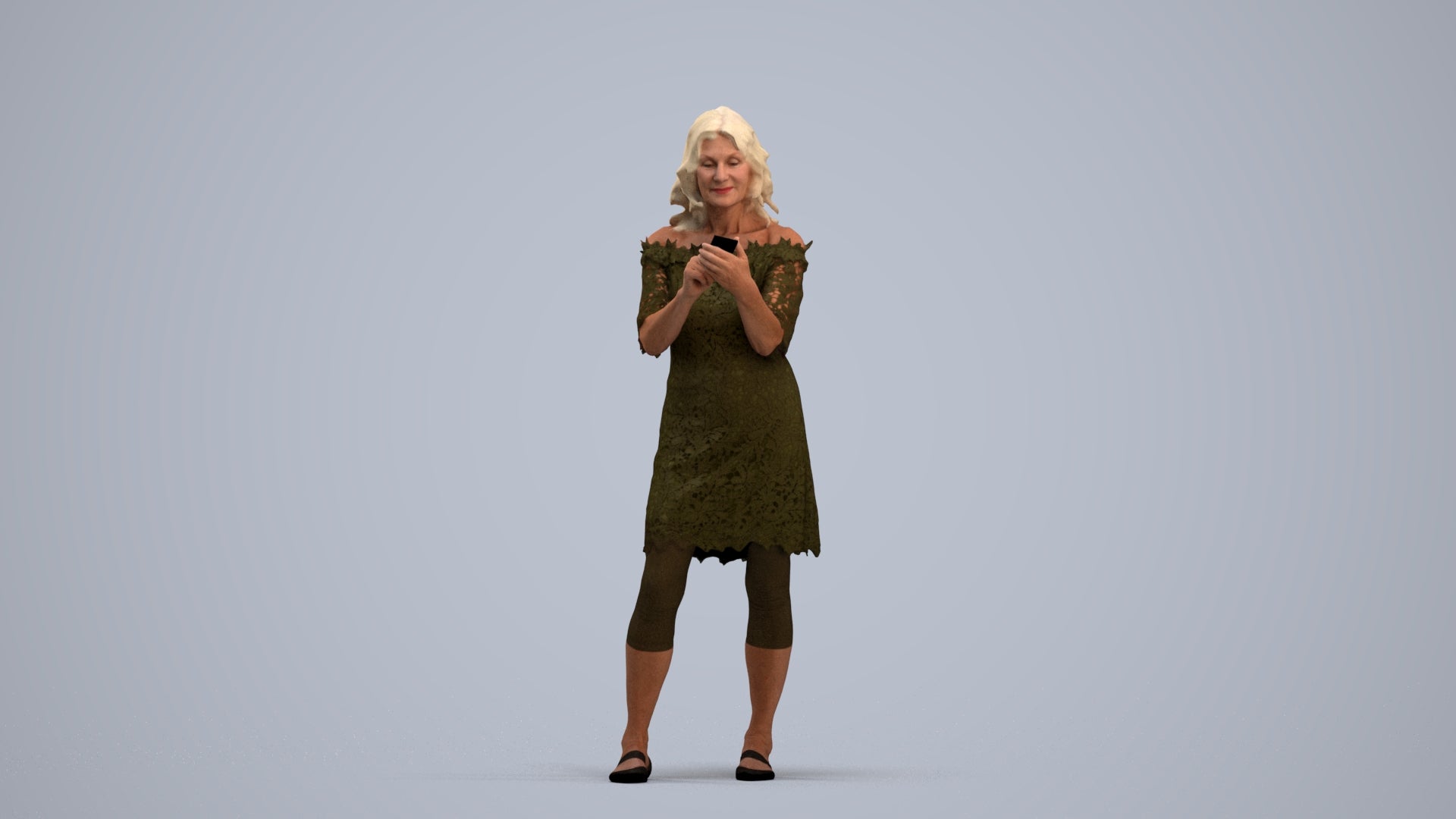 realistic 3D senior woman casual standing, scanned archviz people for Blender and 3ds Max, standing pose render