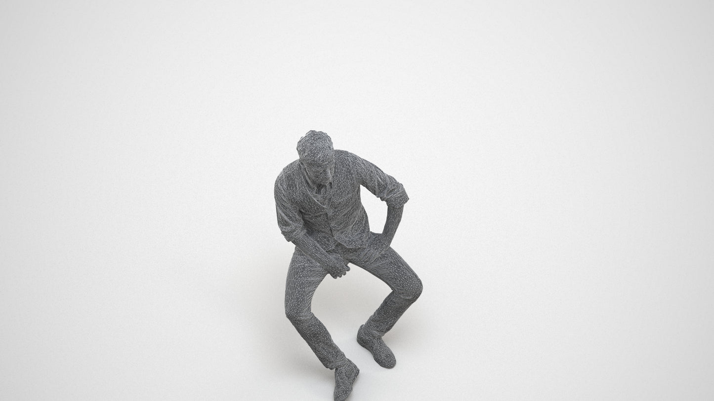 scanned 3D man casual sitting, photogrammetry people for Enscape and V-Ray, wireframe three-quarter view