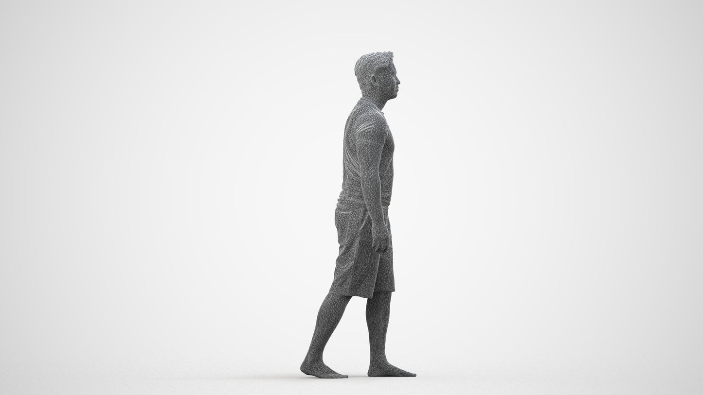 3D human model man sport walking, photogrammetry scanned person for archviz, wireframe side view