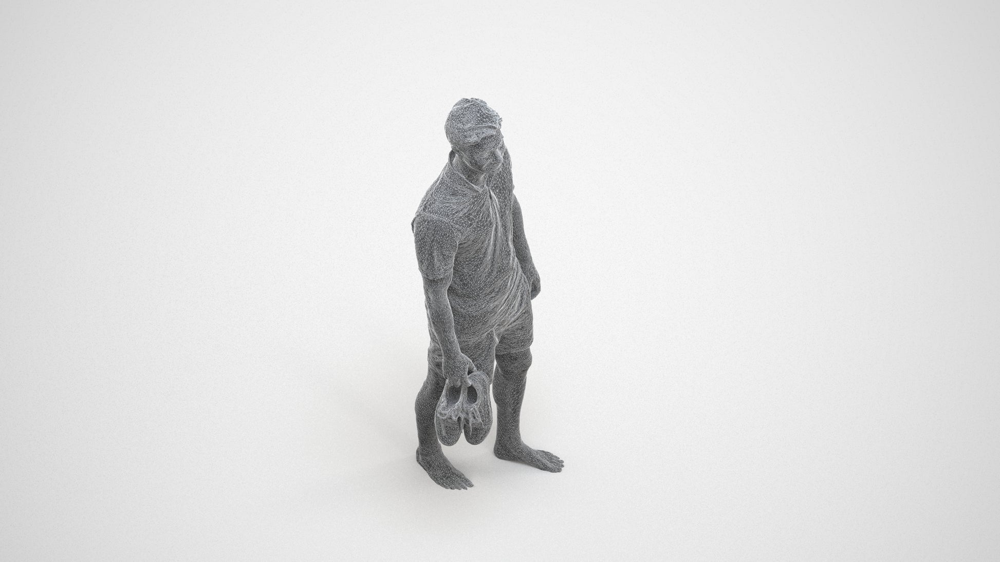 3D human model man casual walking, photogrammetry scanned person for archviz, wireframe three-quarter view