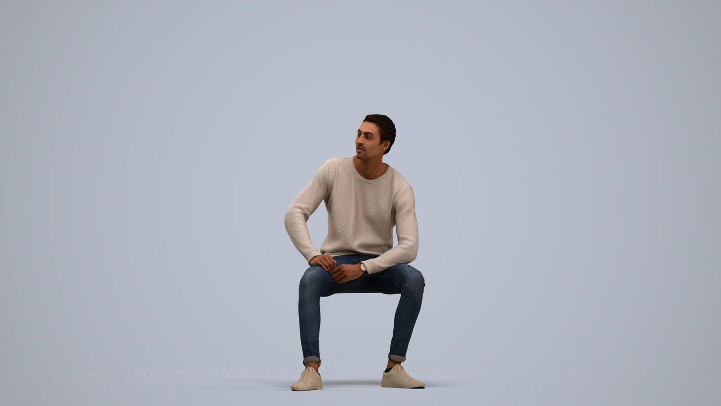scanned 3D man casual sitting, photogrammetry people for Enscape and V-Ray, standing pose render