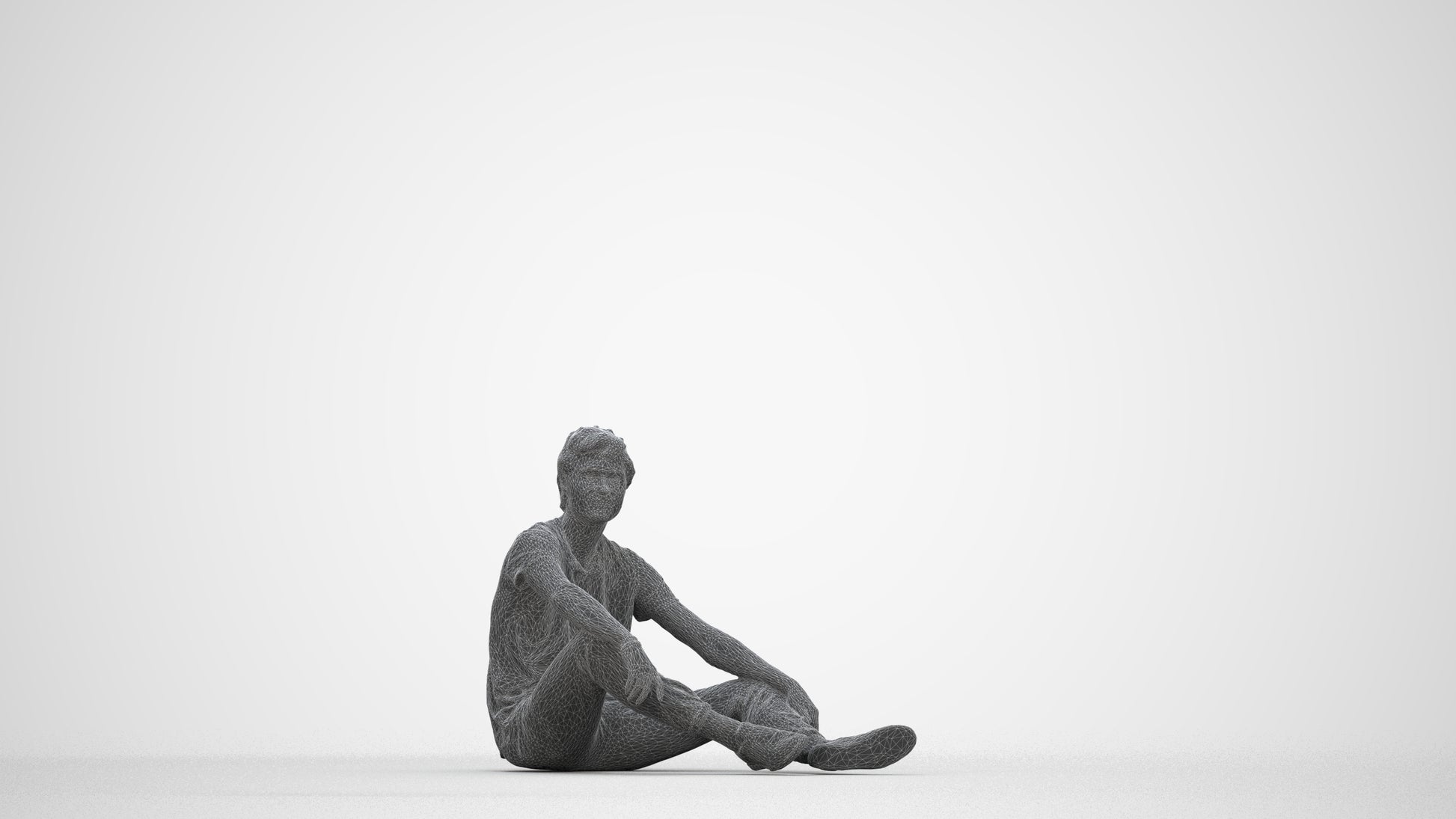 3D scanned man sitting casual, photorealistic archviz people for Enscape and SketchUp, wireframe back view