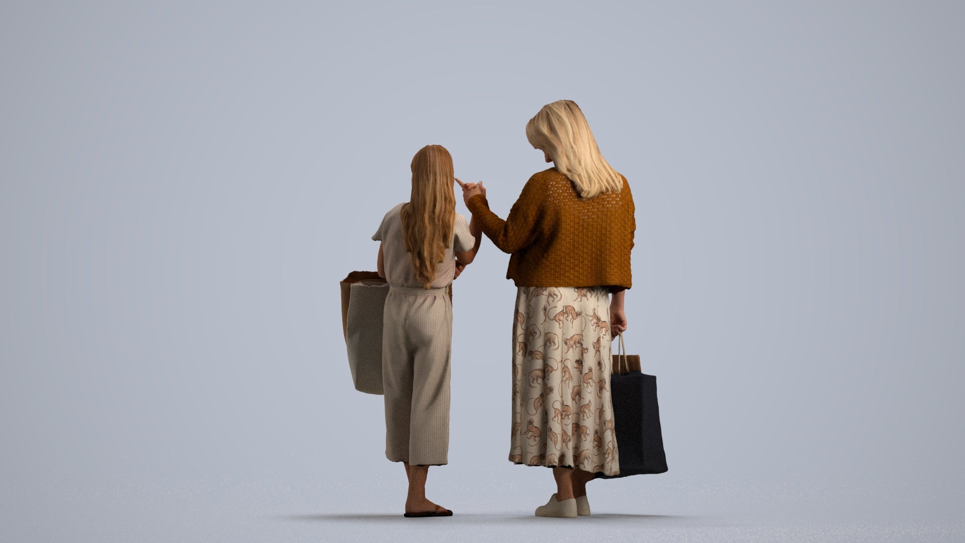 3D human model girl casual shopping, photogrammetry scanned person for archviz, front view render