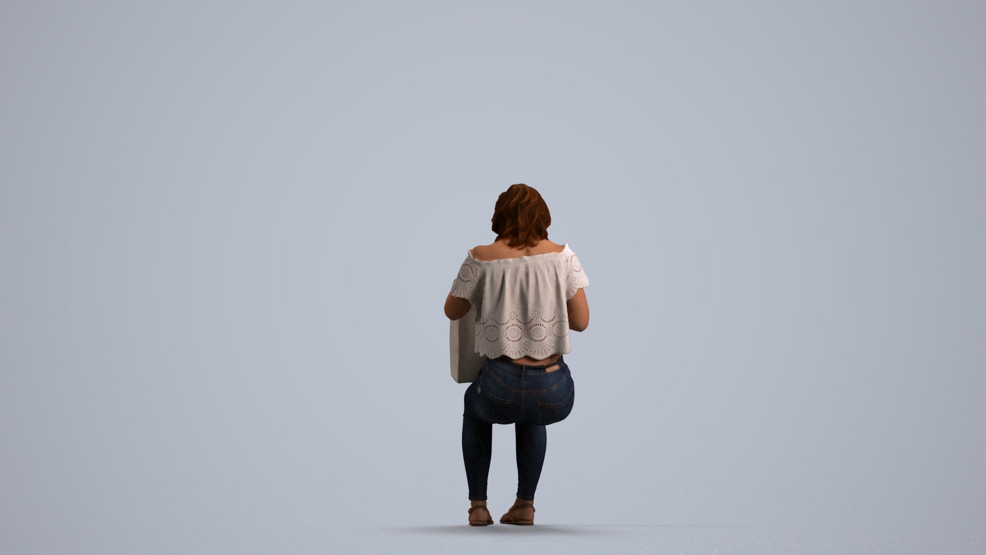 3D human model woman casual sitting, photogrammetry scanned person for archviz, front view render