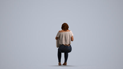 3D human model woman casual sitting, photogrammetry scanned person for archviz, front view render