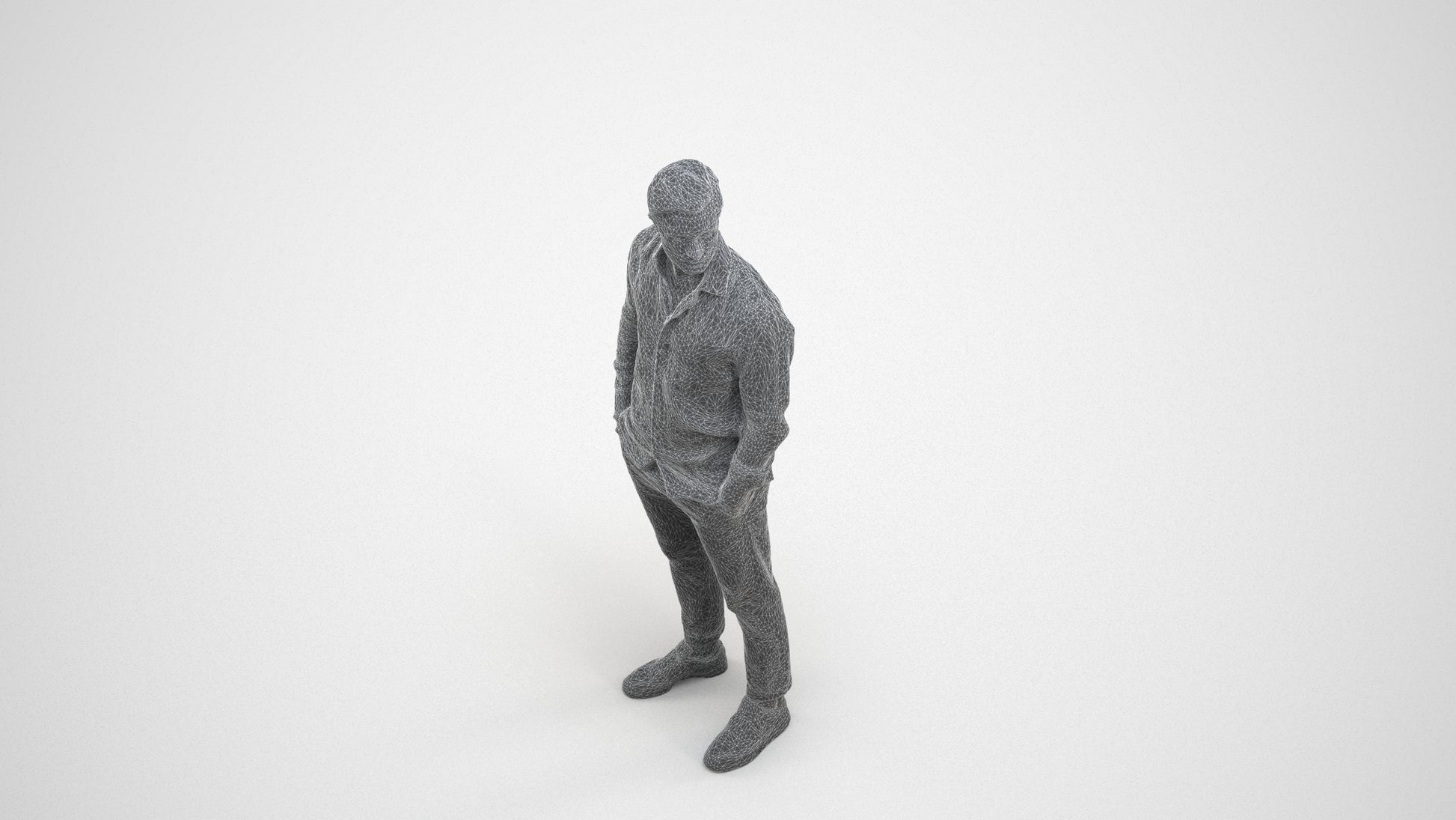 realistic 3D man casual standing, scanned archviz people for Blender and 3ds Max, wireframe three-quarter view