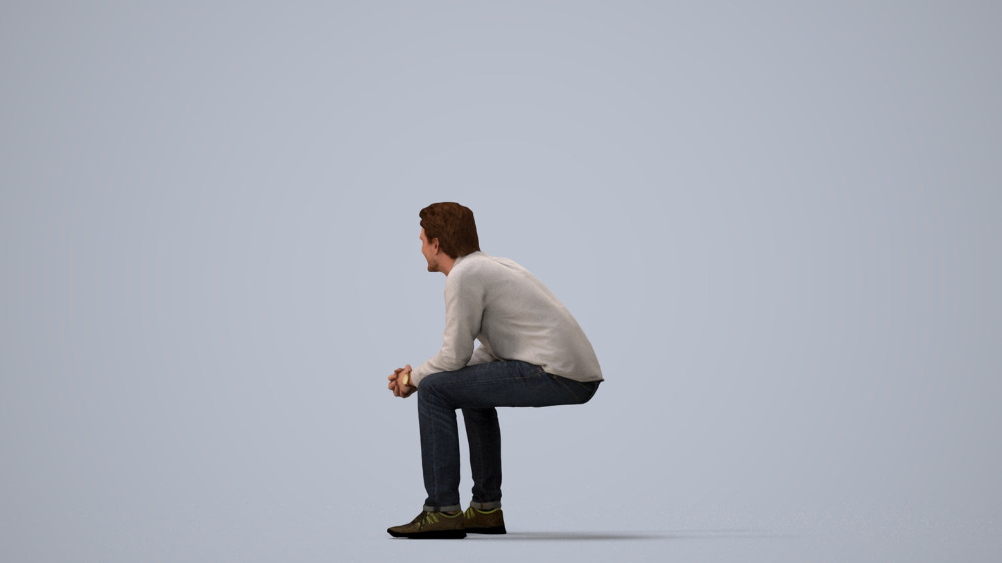 photogrammetry 3D man casual sitting, realistic human model archviz FBX, three-quarter view render