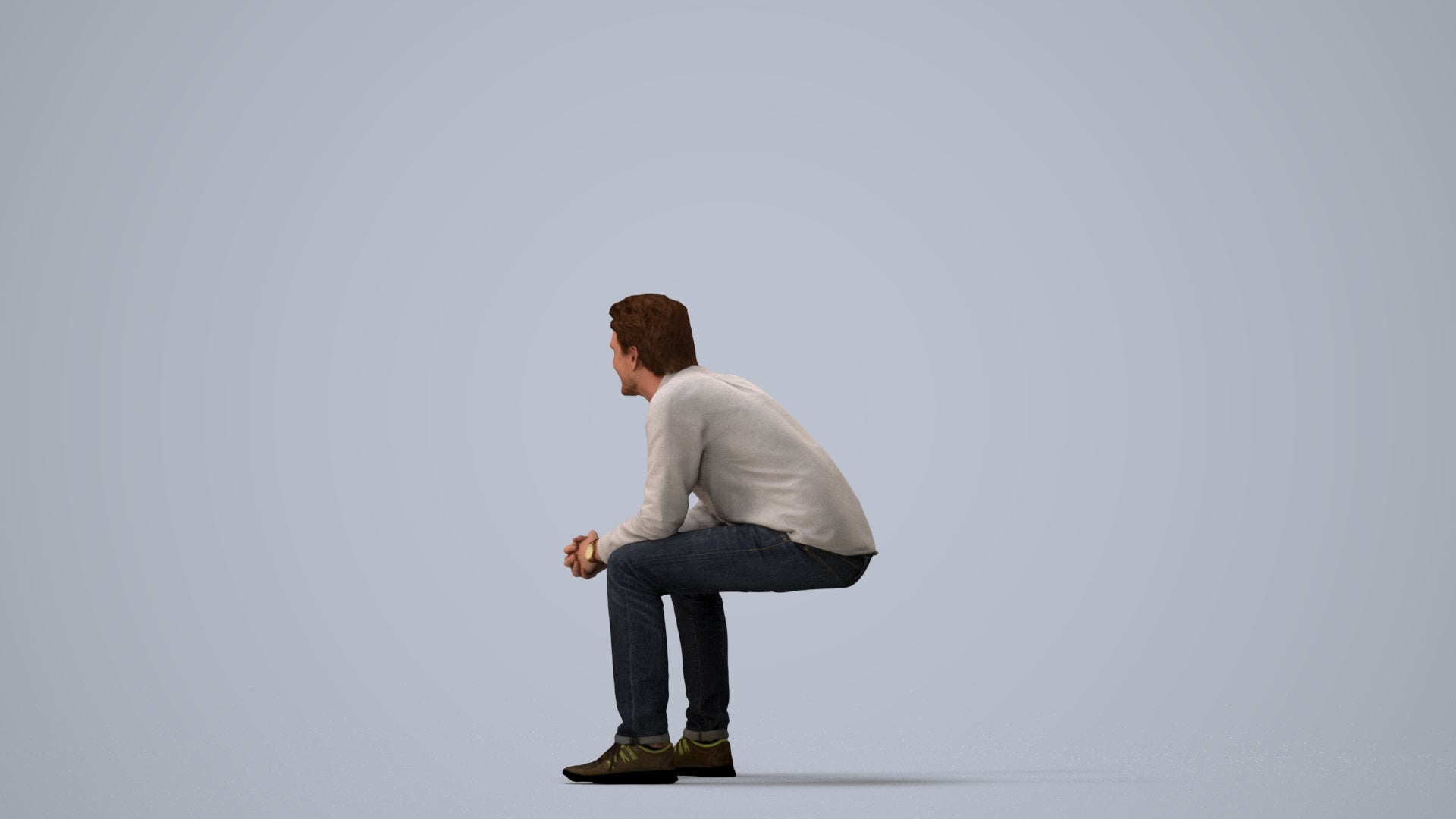 photogrammetry 3D man casual sitting, realistic human model archviz FBX, three-quarter view render