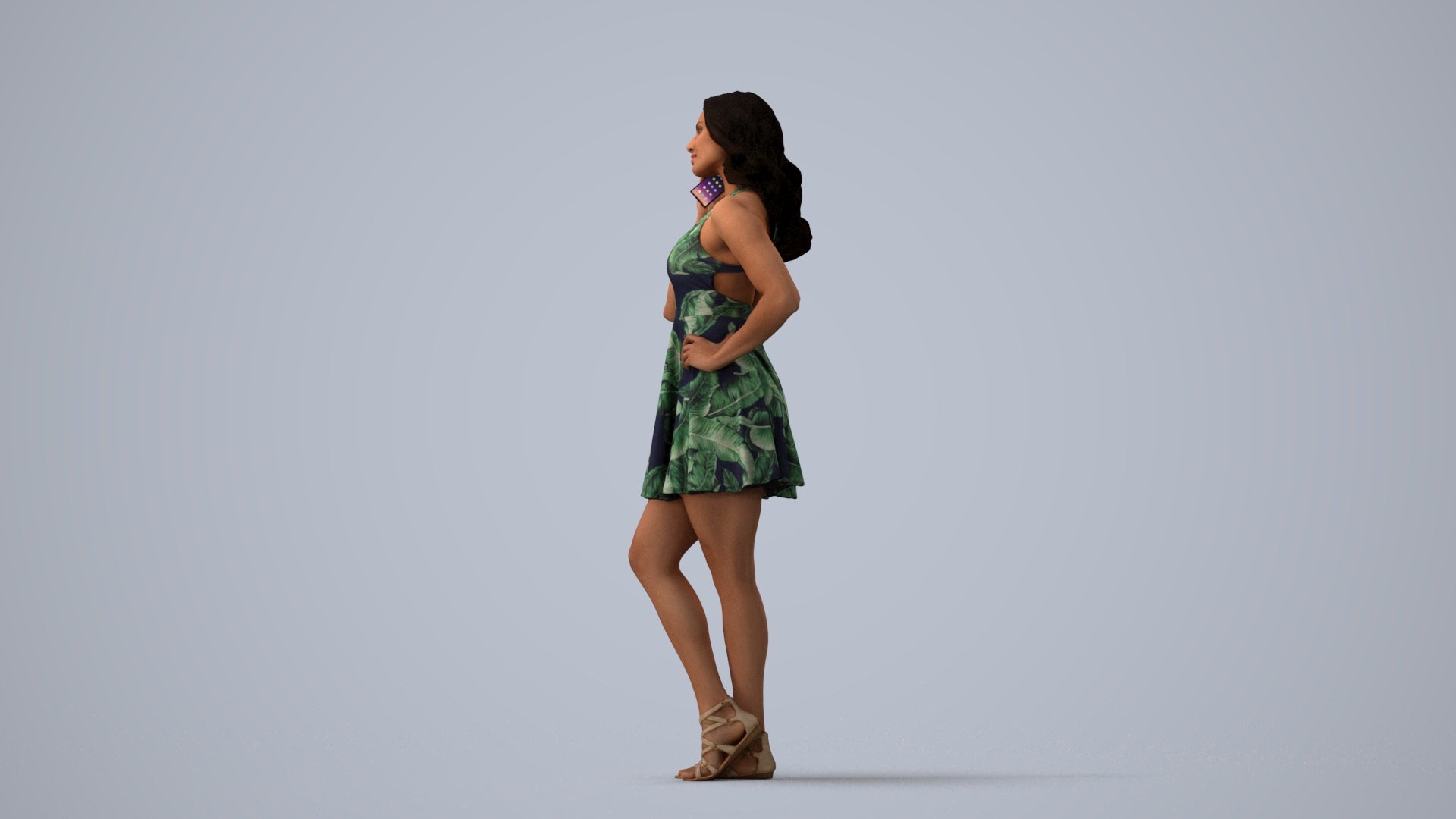 photogrammetry 3D woman standing, realistic human model archviz FBX, three-quarter view render
