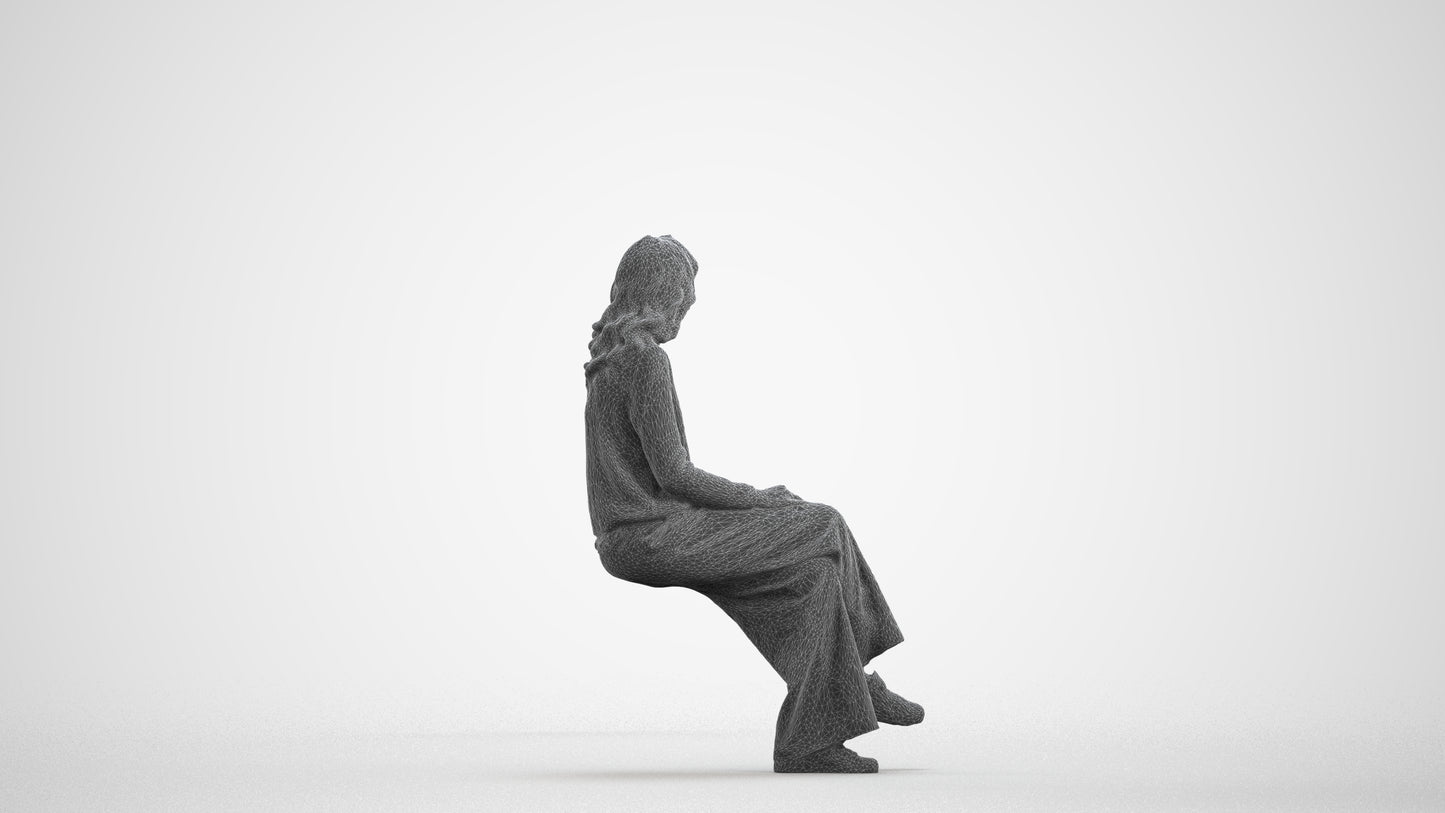 3D human model woman casual sitting, photogrammetry scanned person for archviz, wireframe front view