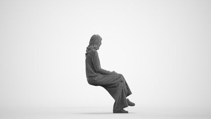 3D human model woman casual sitting, photogrammetry scanned person for archviz, wireframe front view