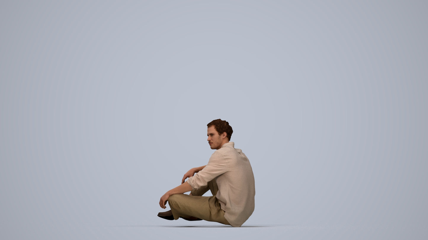 scanned 3D man casual sitting, photogrammetry people for Enscape and V-Ray, top-down view render