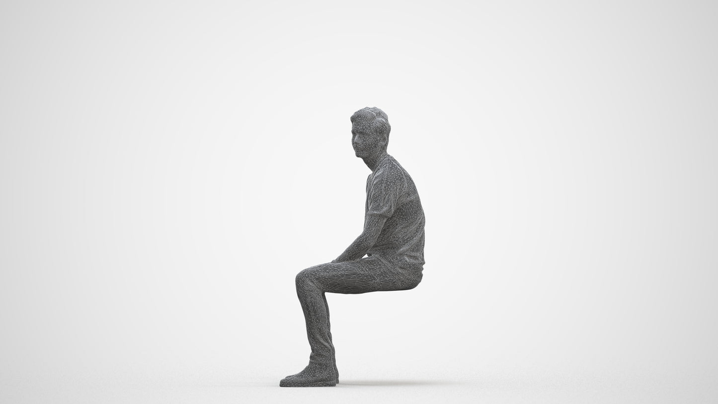 realistic 3D human man casual sitting, archviz people FBX OBJ for Blender, three-quarter front view render