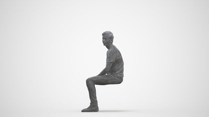 realistic 3D human man casual sitting, archviz people FBX OBJ for Blender, three-quarter front view render