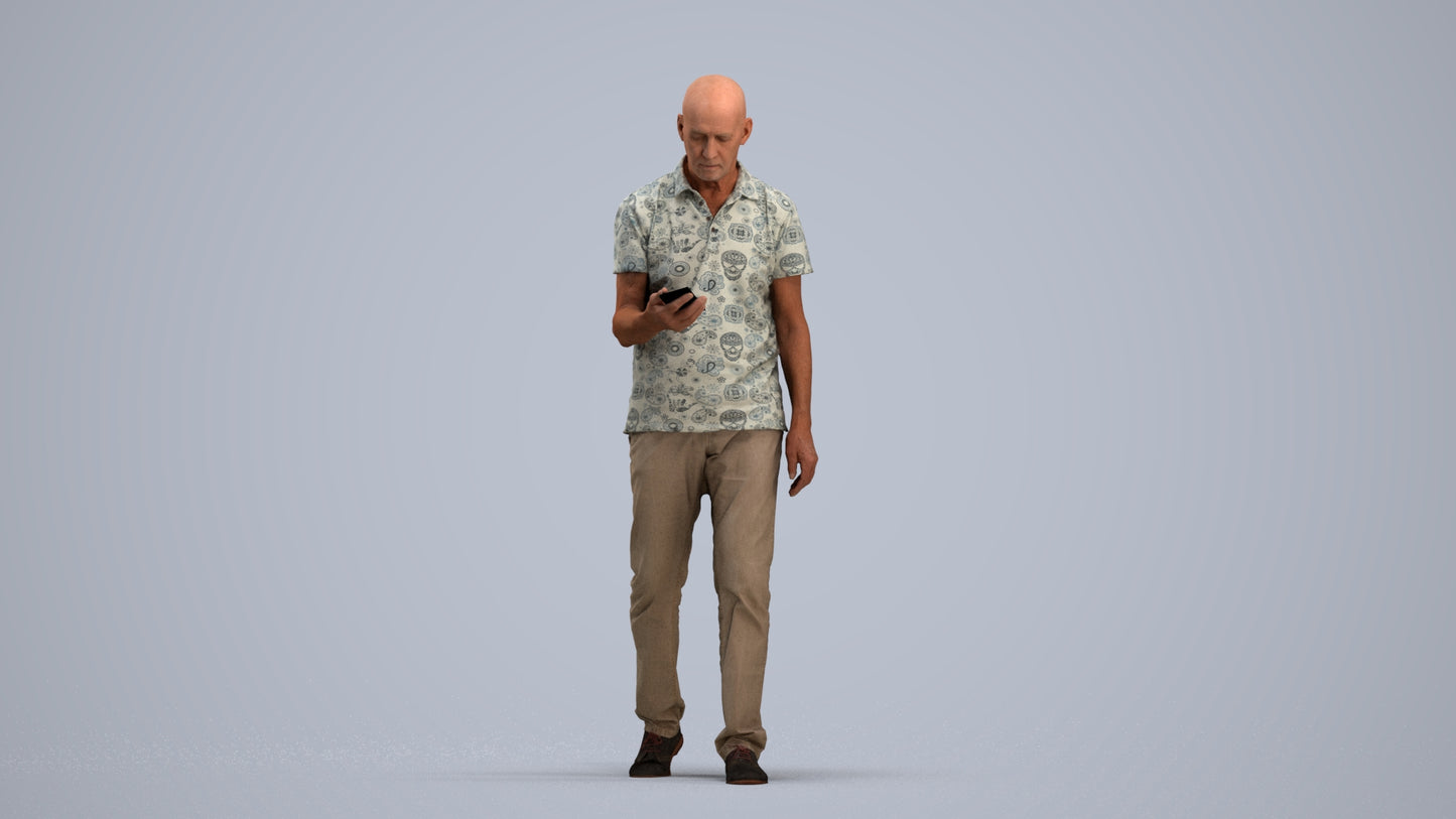 realistic 3D people senior man casual walking, render-ready for V-Ray and Corona, FBX OBJ, standing pose render