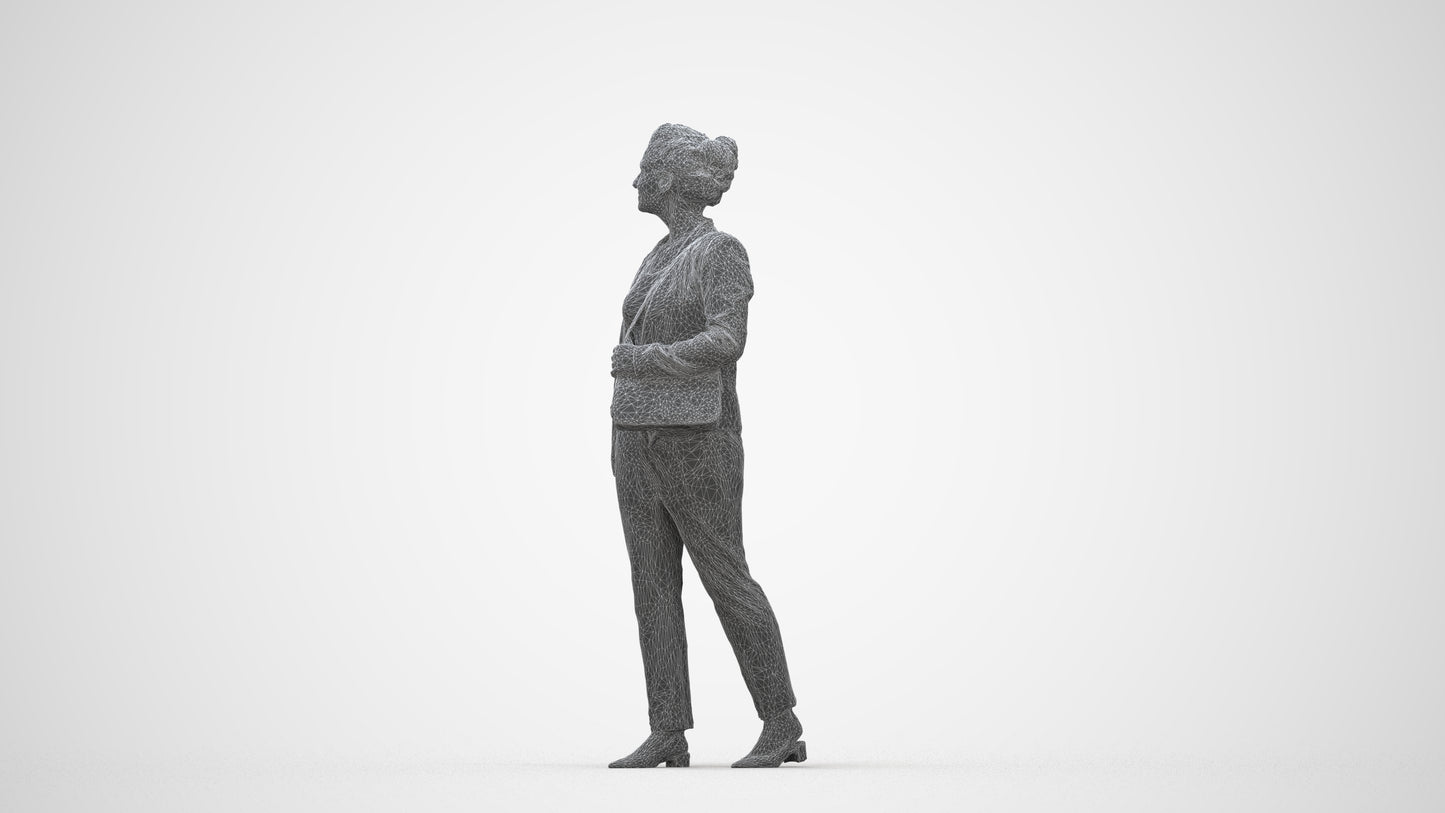 3D human model woman business walking, photogrammetry scanned person for archviz, wireframe back view