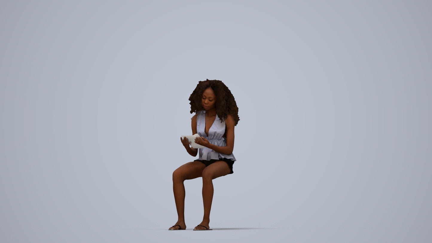 realistic 3D woman casual sitting, scanned archviz people for Blender and 3ds Max, top-down view render
