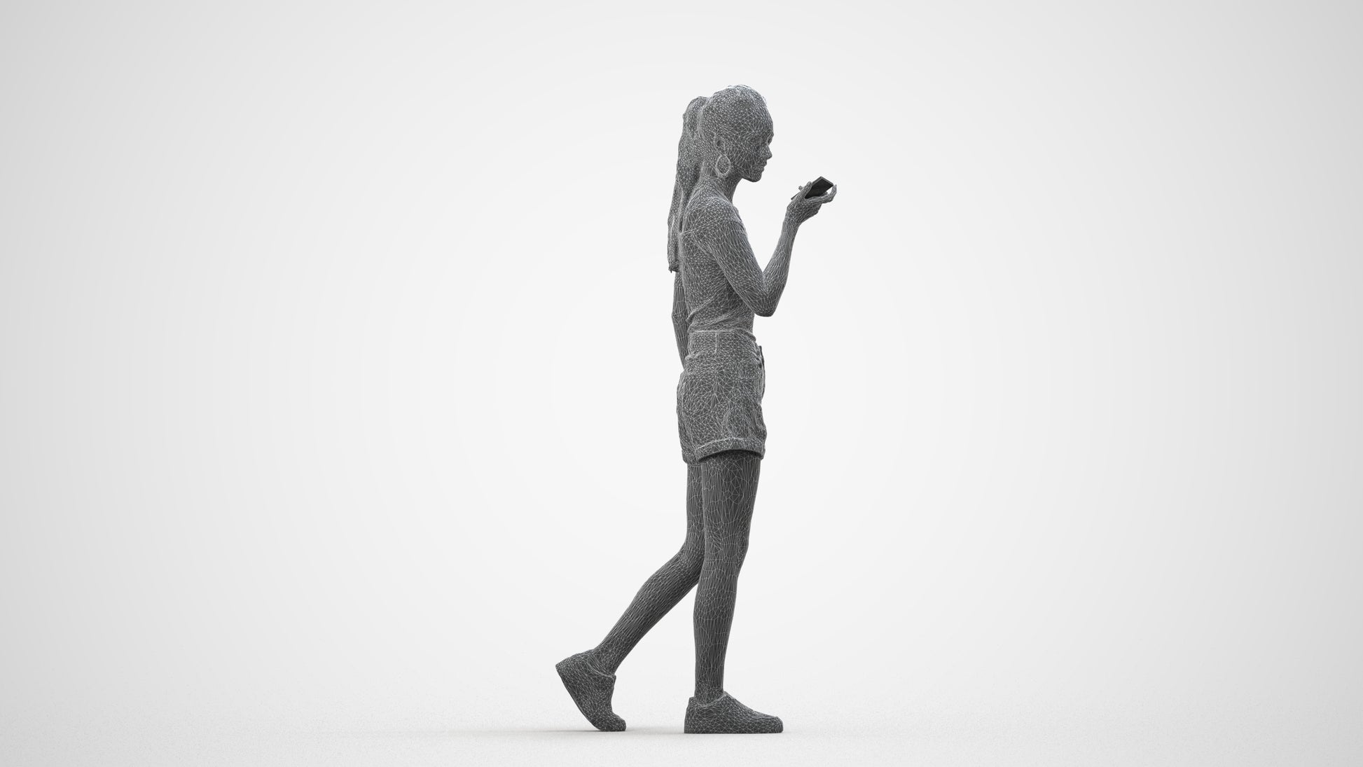 photogrammetry 3D woman casual walking, realistic human model archviz FBX, wireframe side view
