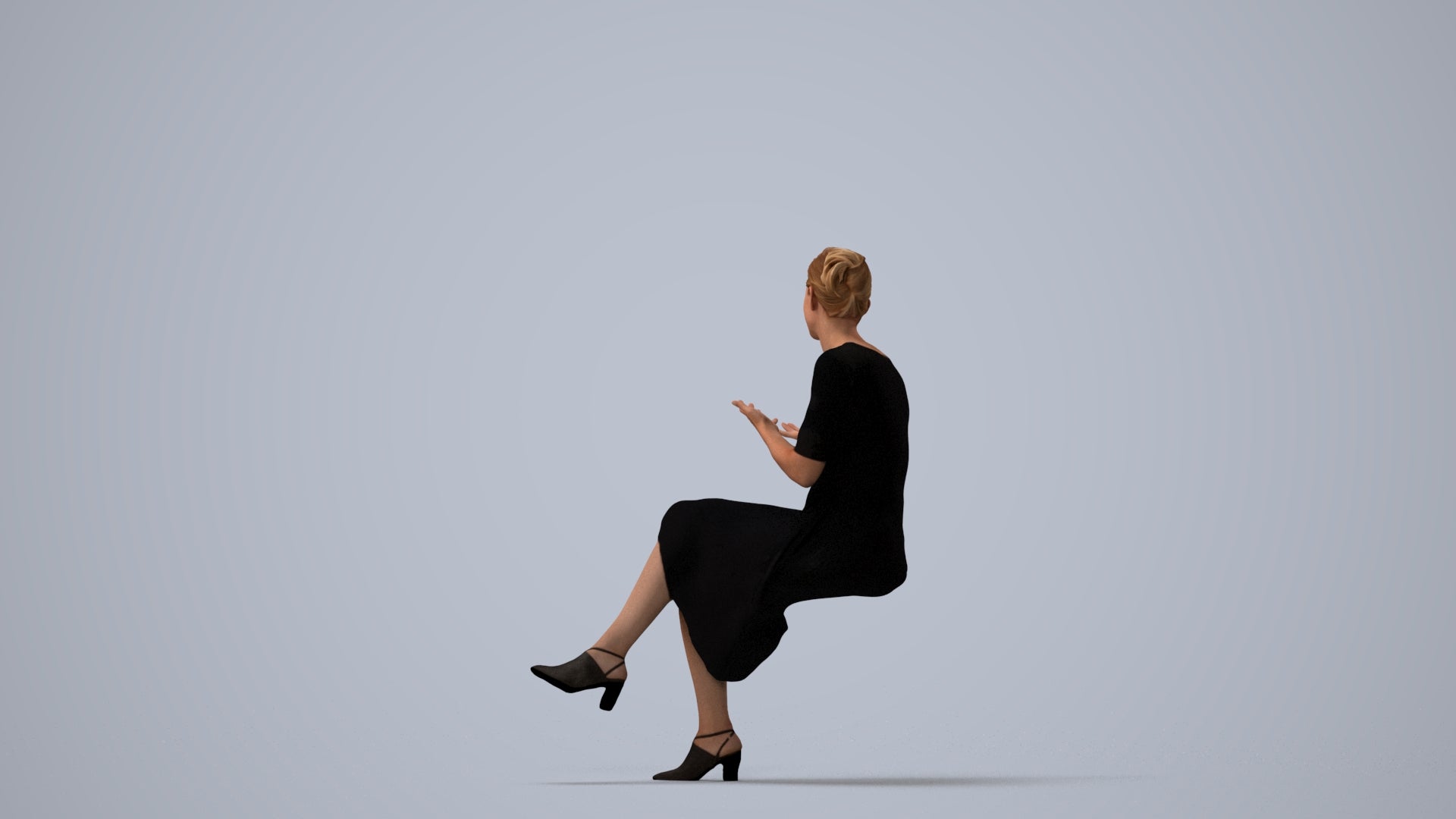 photogrammetry 3D woman business sitting, realistic human model archviz FBX, three-quarter view render