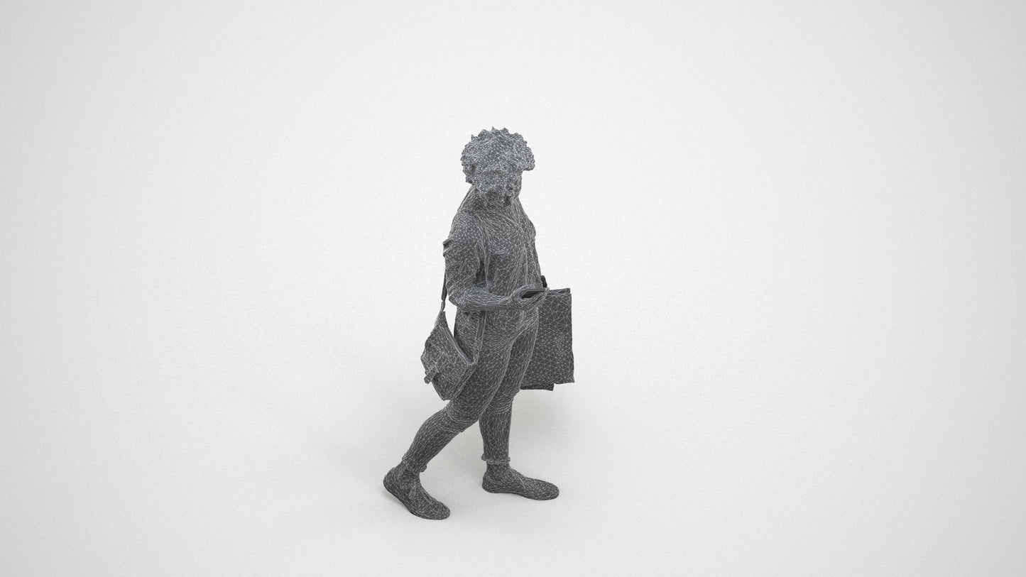 3D human model woman casual standing, photogrammetry scanned person for archviz, wireframe three-quarter view