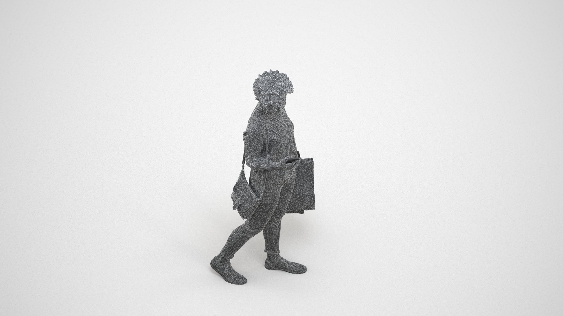 3D human model woman casual standing, photogrammetry scanned person for archviz, wireframe three-quarter view
