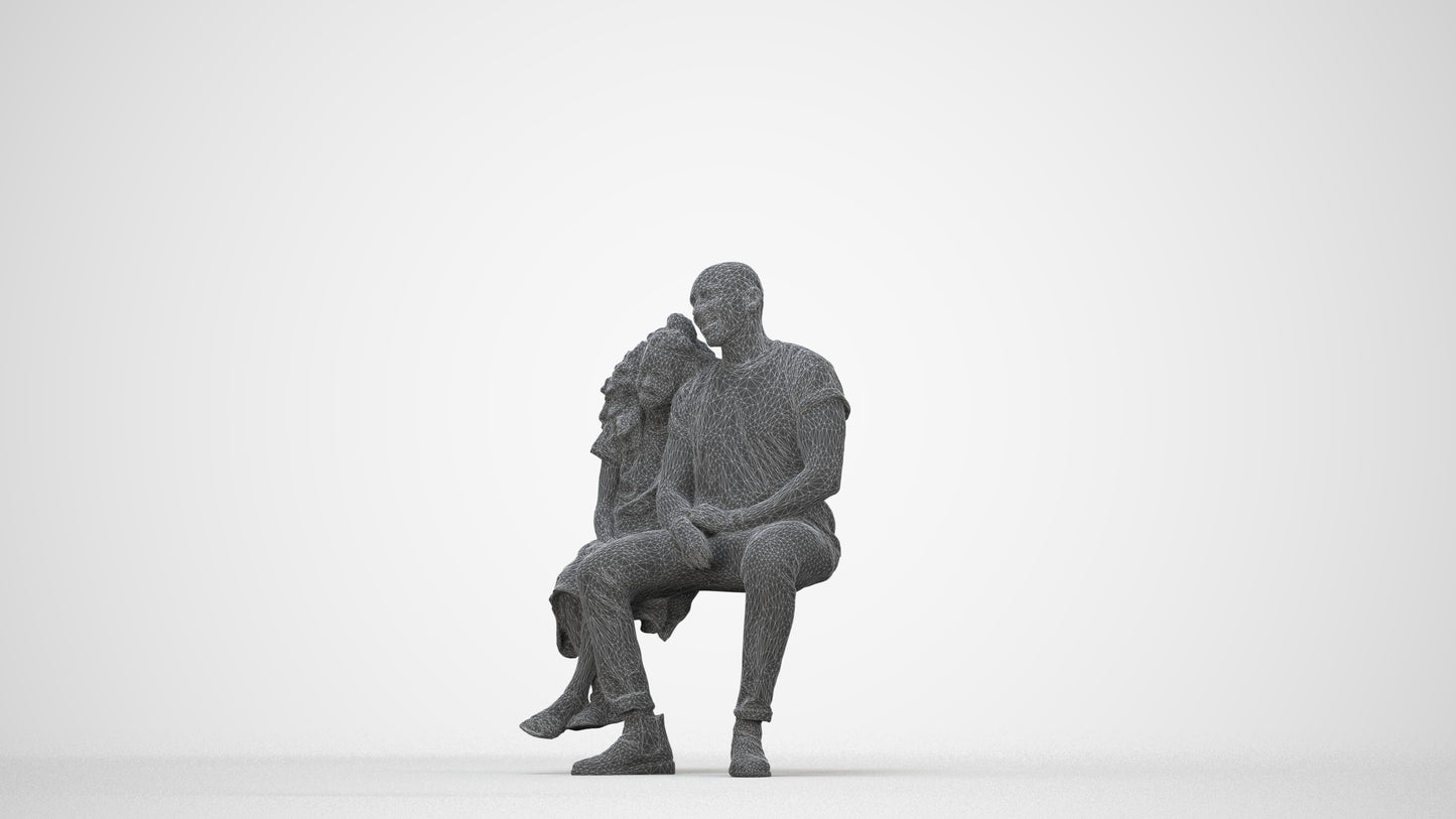 3D scanned girl kids casual, photorealistic archviz people for Enscape and SketchUp, wireframe back view