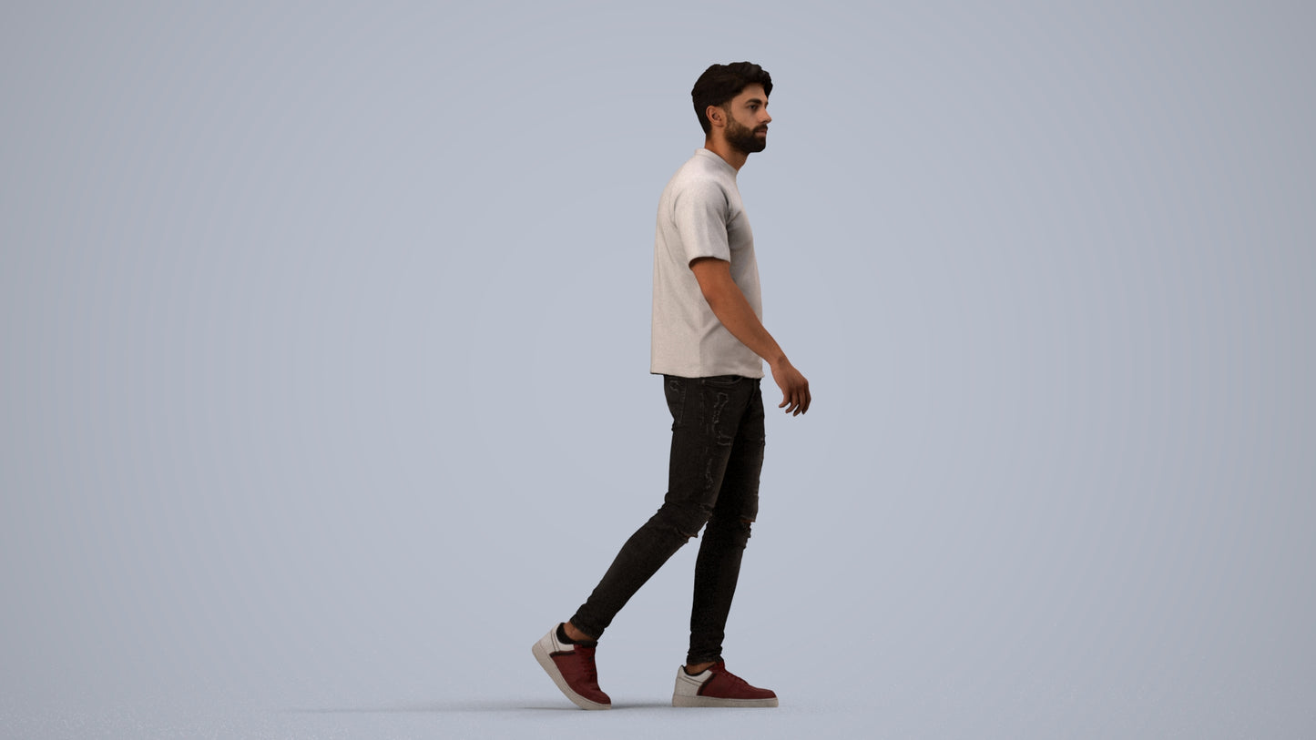 photogrammetry 3D man casual walking, realistic human model archviz FBX, side view render
