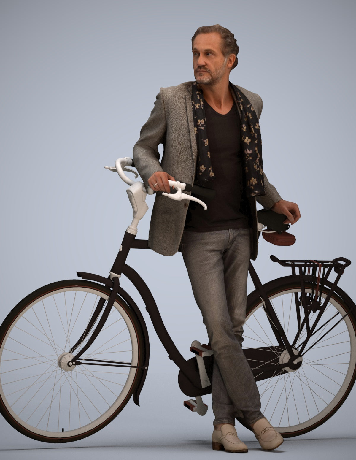 3D human model man business cycling, photogrammetry scanned person for archviz