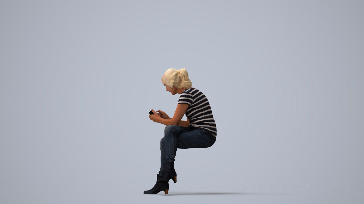 realistic 3D human senior woman casual sitting, archviz people FBX OBJ for Blender, three-quarter view render