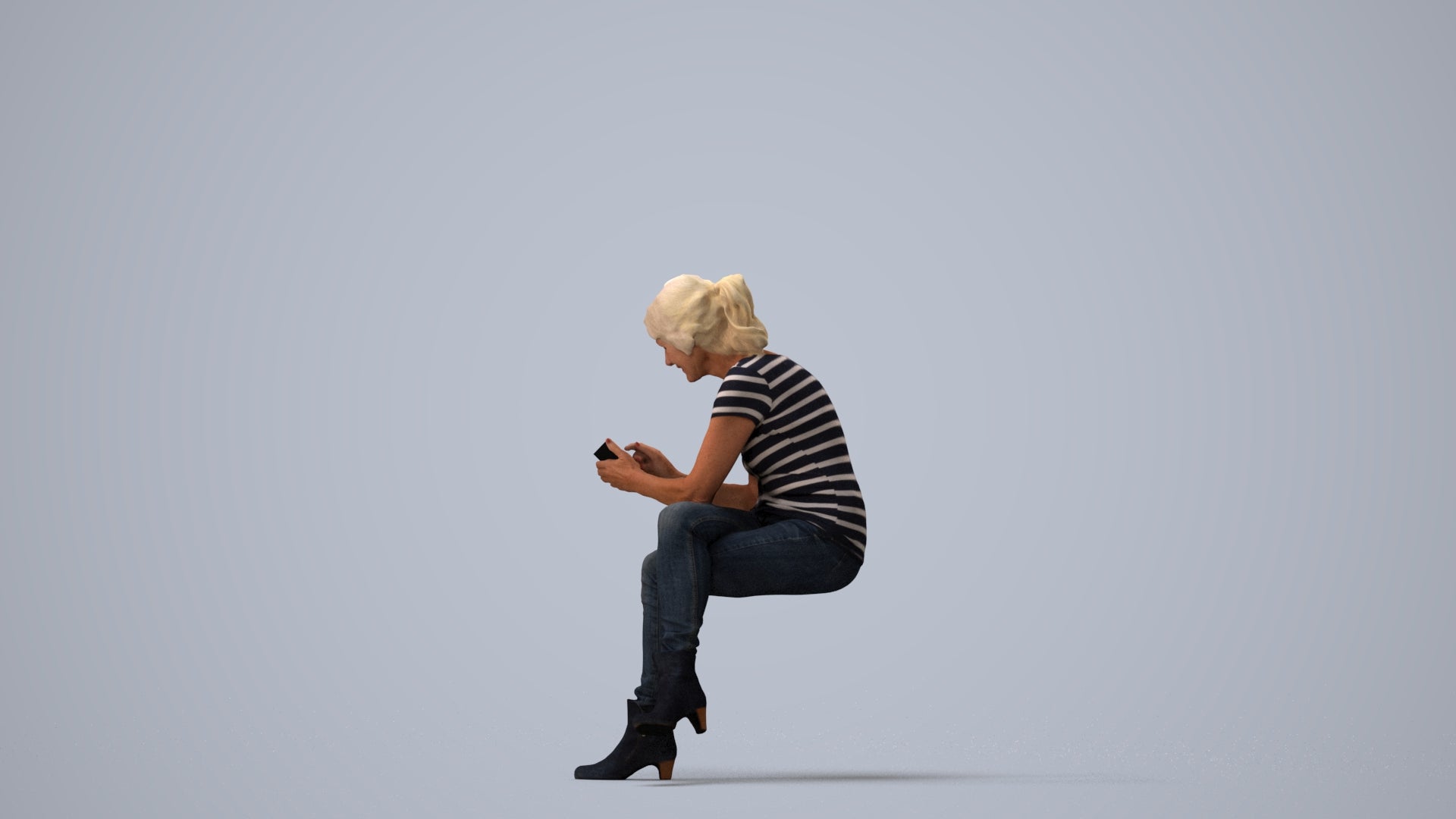 realistic 3D human senior woman casual sitting, archviz people FBX OBJ for Blender, three-quarter view render