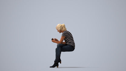 realistic 3D human senior woman casual sitting, archviz people FBX OBJ for Blender, three-quarter view render