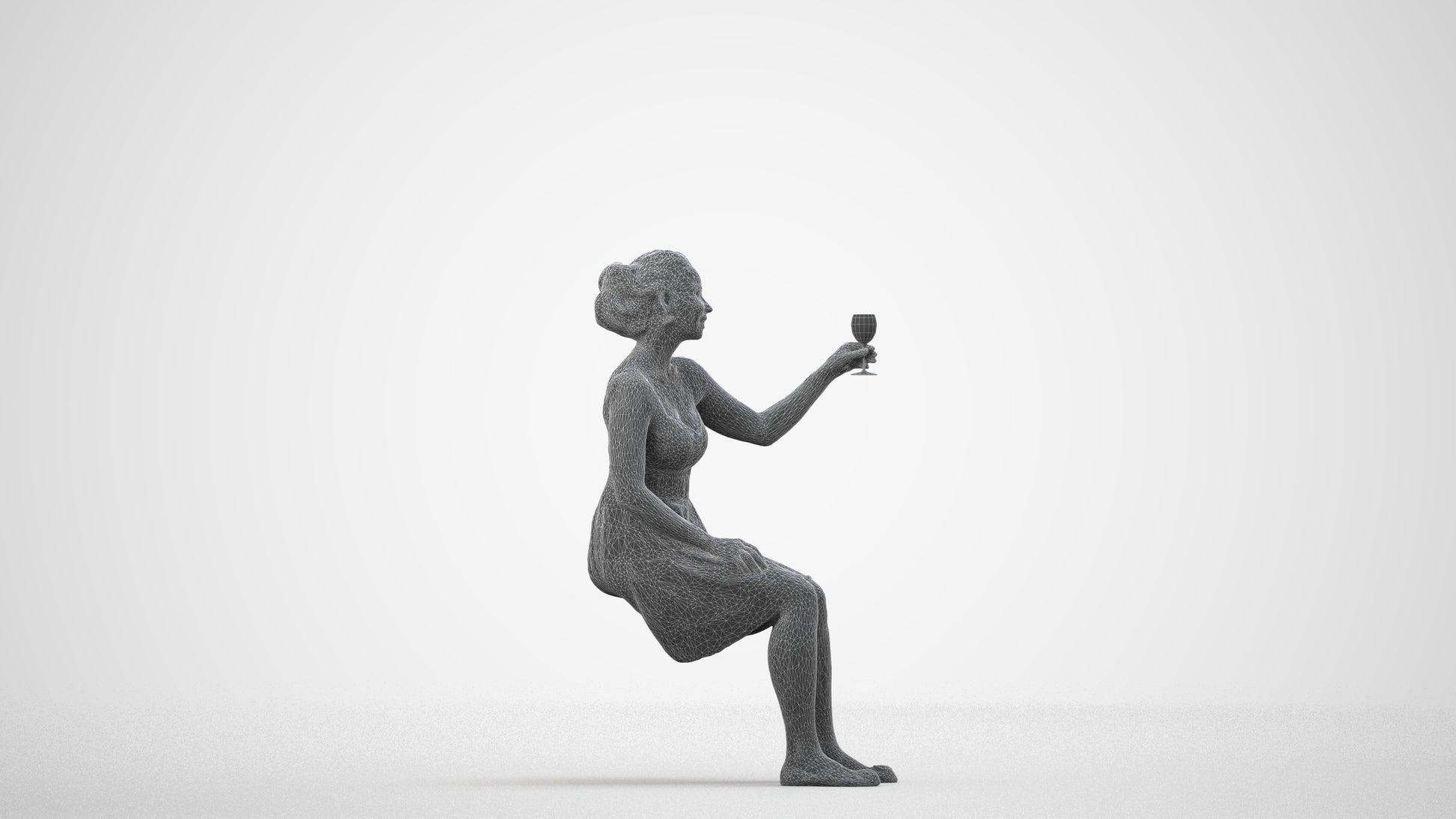 3D scanned woman formalaffairs formal, photorealistic archviz people for Enscape and SketchUp, wireframe side view