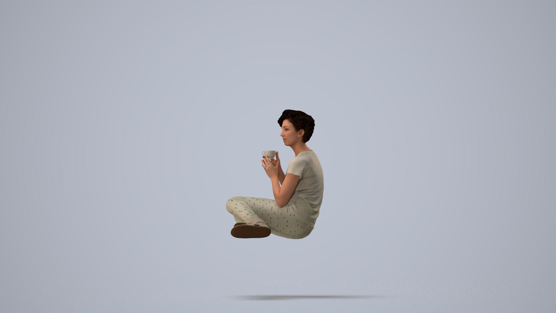 3D human model woman casual sitting, photogrammetry scanned person for archviz, three-quarter view render