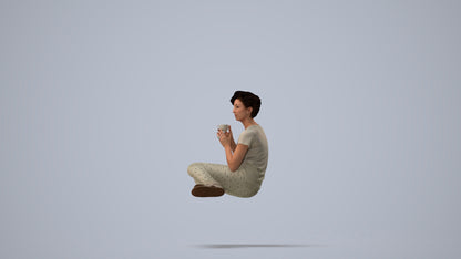 3D human model woman casual sitting, photogrammetry scanned person for archviz, three-quarter view render