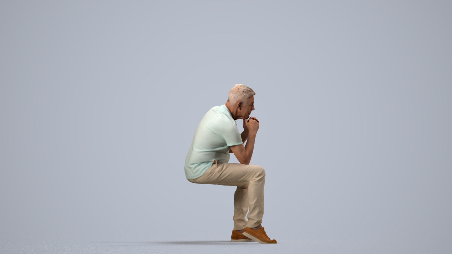 realistic 3D senior man casual sitting, scanned archviz people for Blender and 3ds Max, side view render
