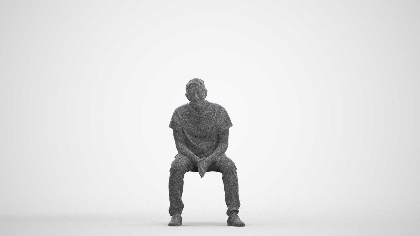 3D scanned senior man sitting casual, photorealistic archviz people for Enscape and SketchUp, three-quarter front view render