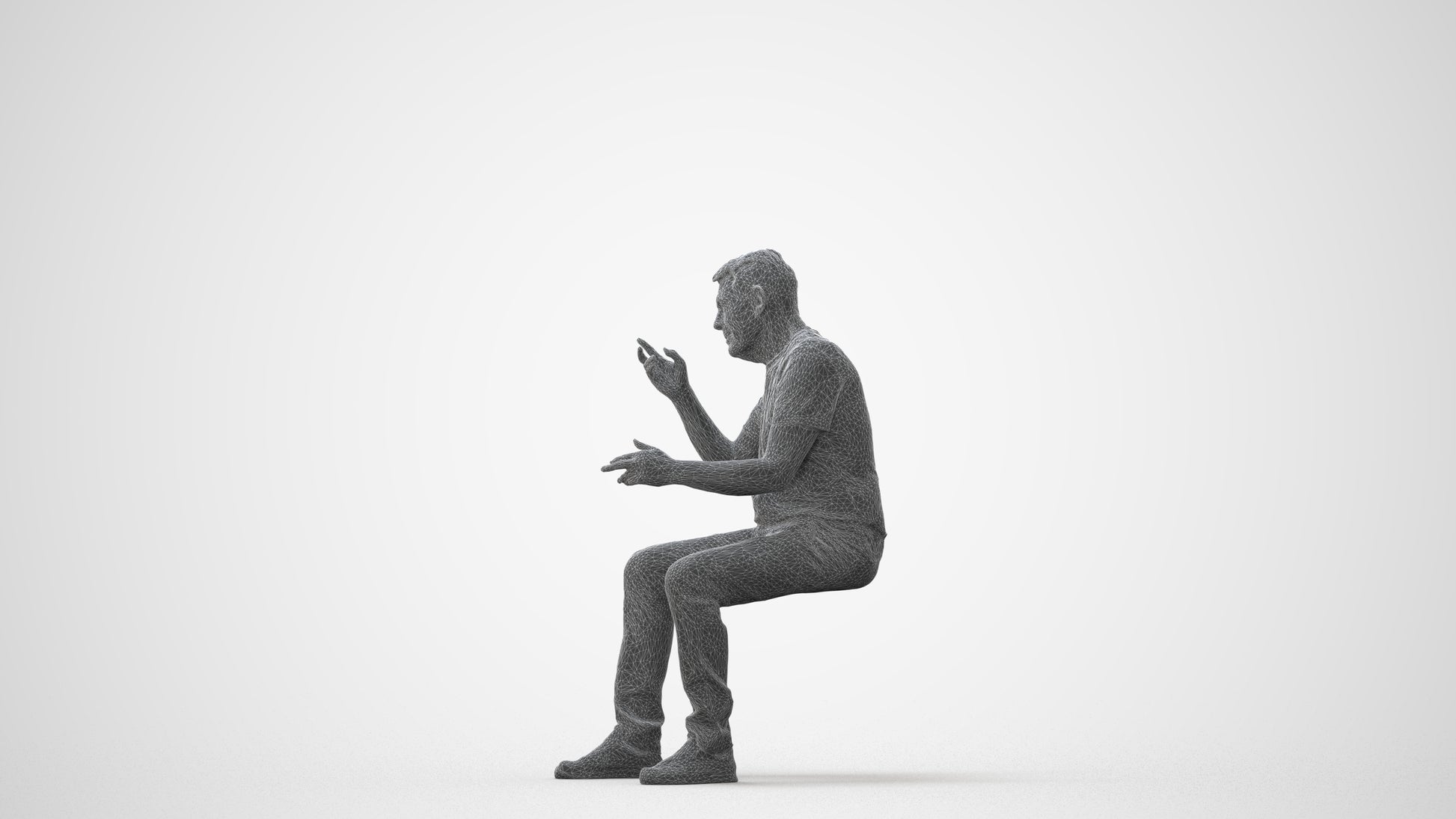 3D human model senior man casual sitting, photogrammetry scanned person for archviz, square thumbnail