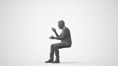 3D human model senior man casual sitting, photogrammetry scanned person for archviz, square thumbnail
