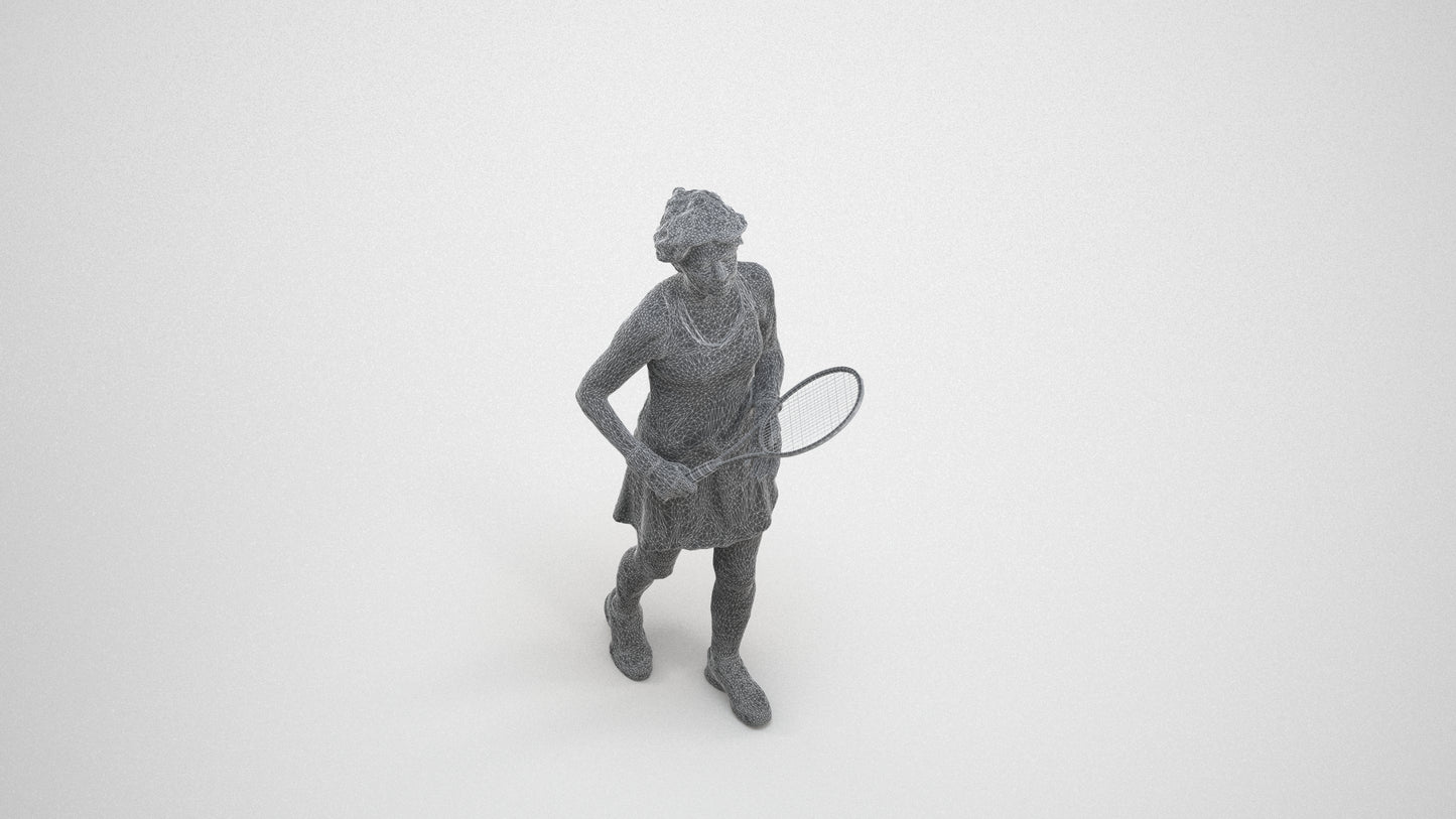 3D human model woman sport, photogrammetry scanned person for archviz, wireframe three-quarter view