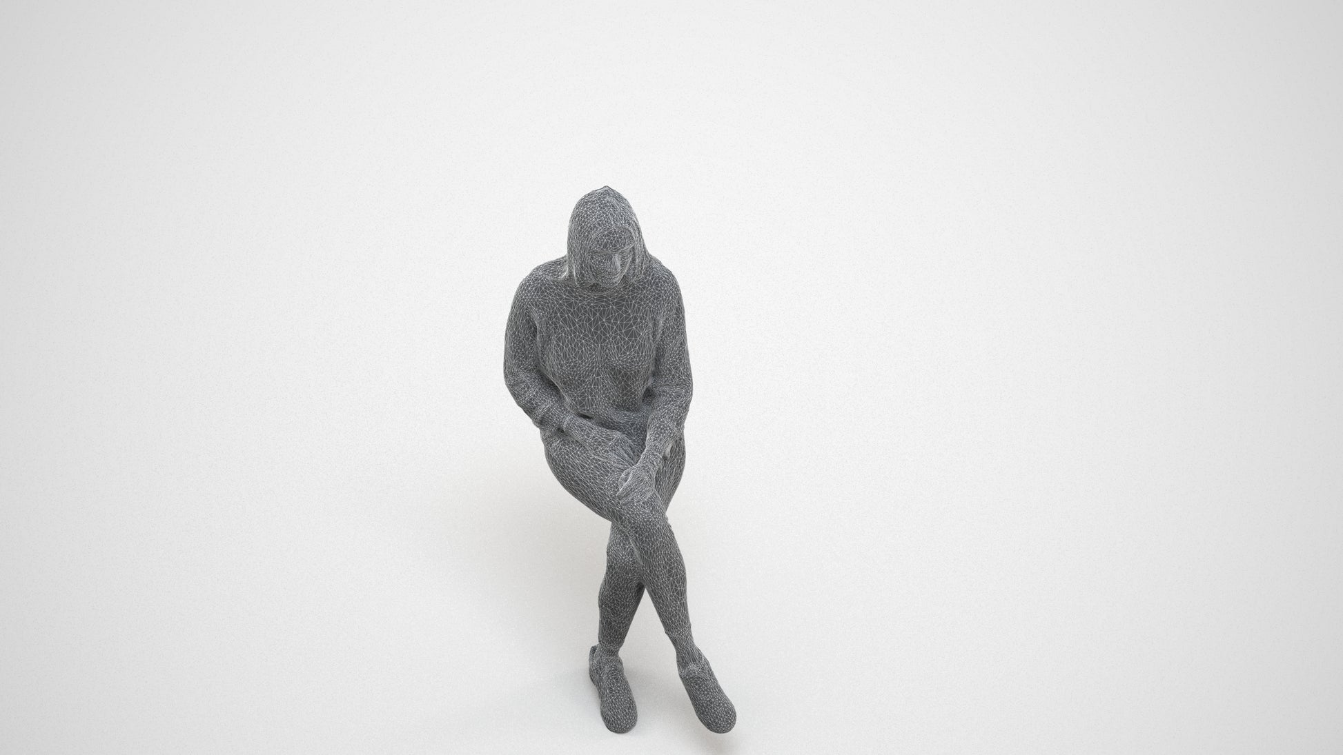 realistic 3D human woman casual sitting, archviz people FBX OBJ for Blender, wireframe three-quarter view