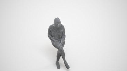 realistic 3D human woman casual sitting, archviz people FBX OBJ for Blender, wireframe three-quarter view