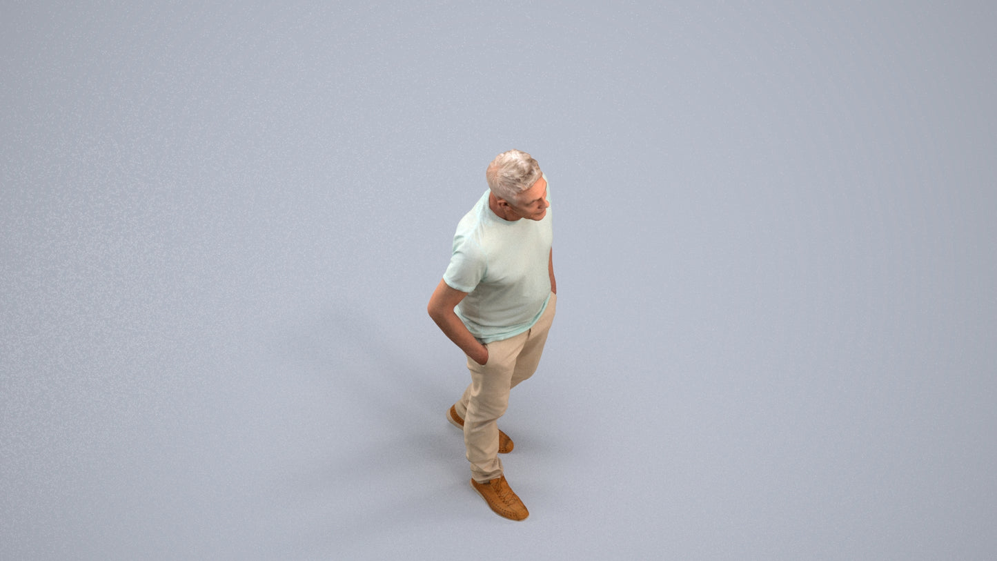 3D people model senior man casual walking, scanned human for 3ds Max rendering, back view render