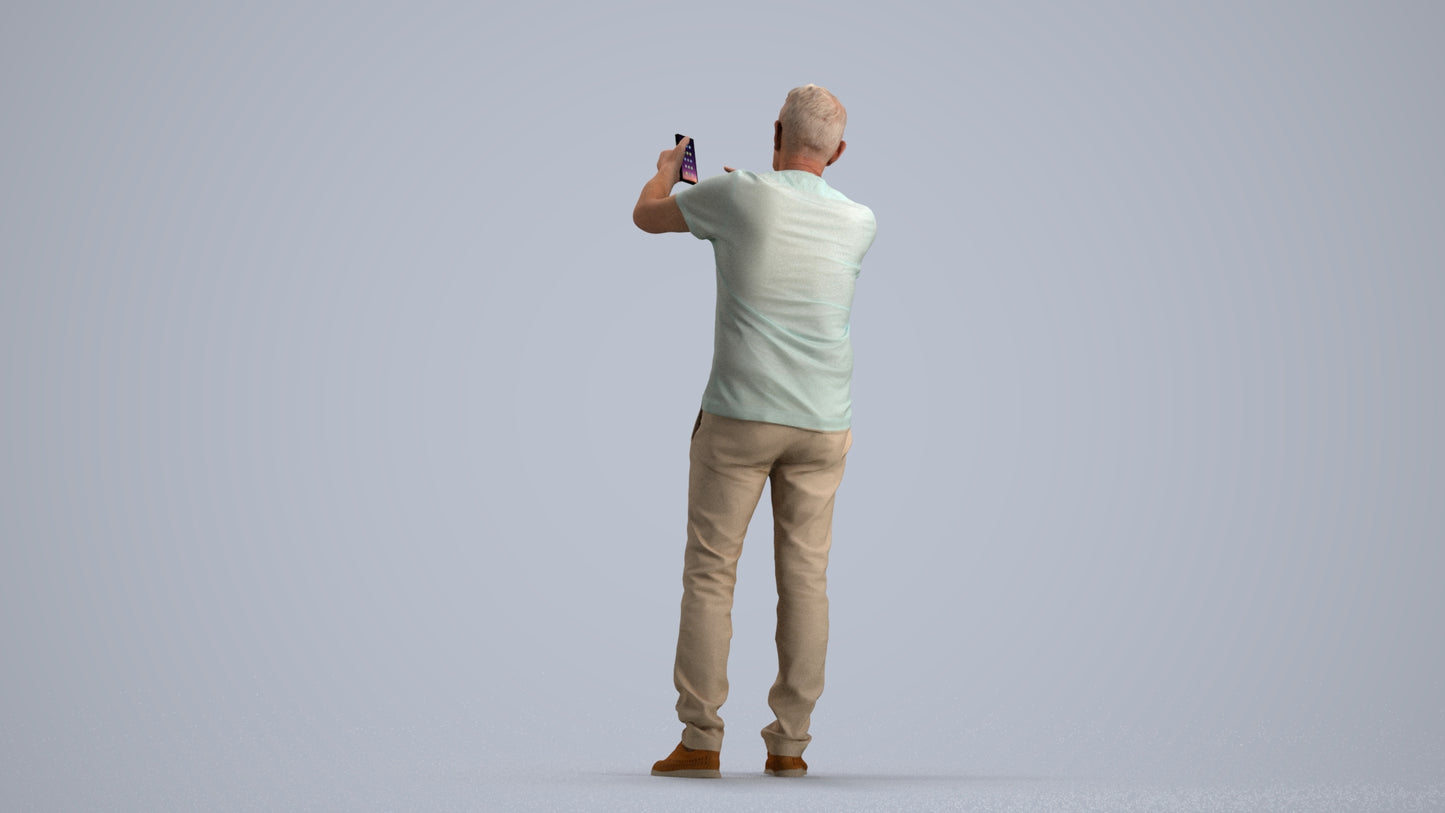 3D human model senior man casual standing, photogrammetry scanned person for archviz, front view render