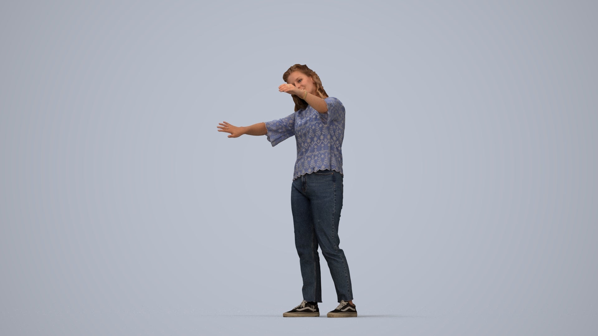 realistic 3D woman casual standing, scanned archviz people for Blender and 3ds Max, top-down view render
