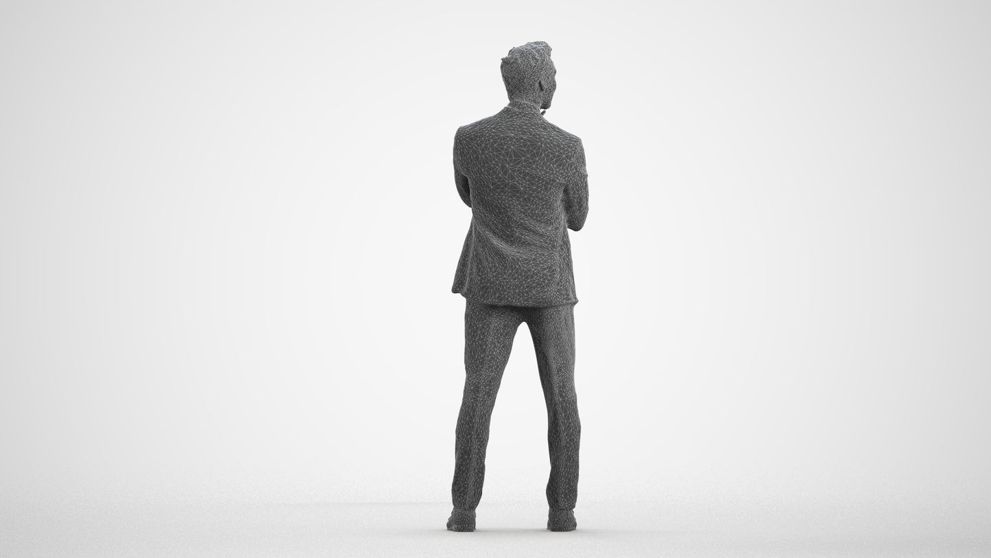 3D human model man formal business, photogrammetry scanned person for archviz, wireframe front view